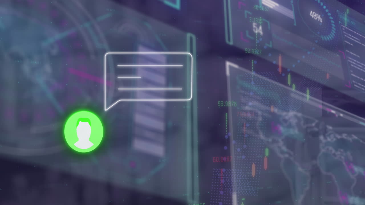 Animation of social media icons and financial data processing