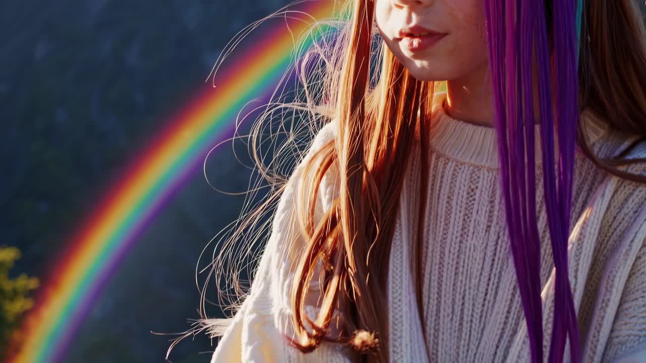 Redheaded woman wearing vibrant rainbow hair extensions, gazing downward against blurred rainbow backdrop, representing inclusivity and personal expression