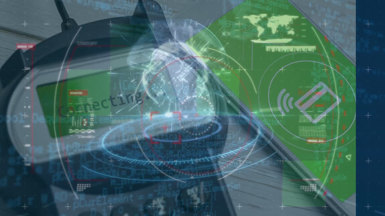 animación del procesamiento de datos a través de terminales de pago y teléfonos inteligentes