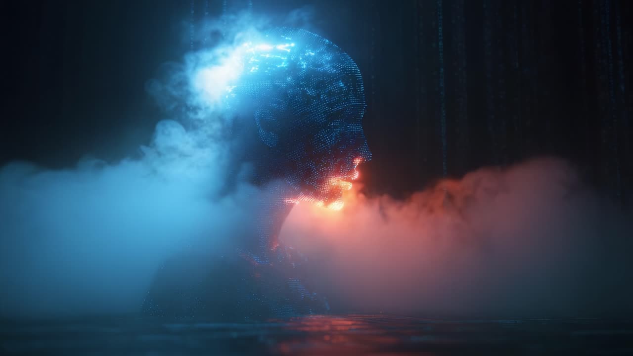 A captivating visual representation of a digital humanoid figure emerging from a foggy landscape, illuminated by ethereal blue and orange hues, symbolizing the intersection of technology and humanity