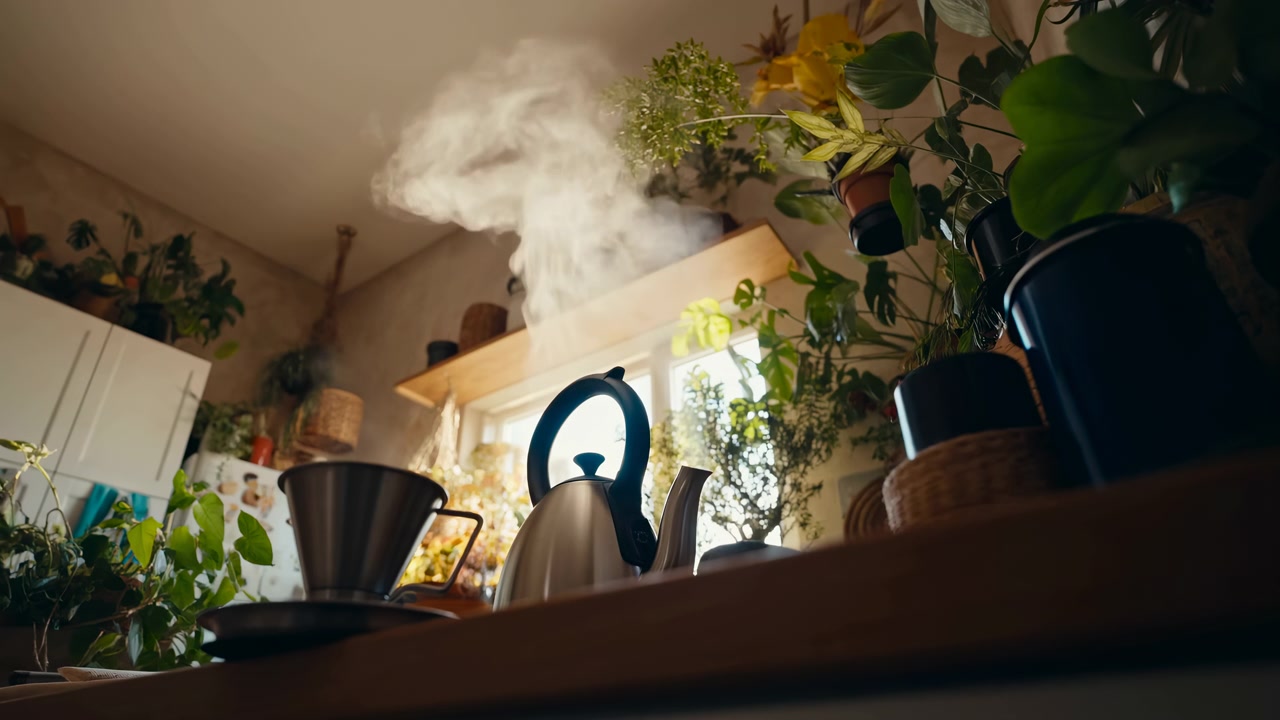 De la vapeur blanche s'échappe et flotte au-dessus d'une bouilloire métallique à côté d'un filtre à café pour versement lent, tandis que des plantes feuillues encadrent la vue en contre-plongée de la cuisine sous une douce lumière dorée du jour