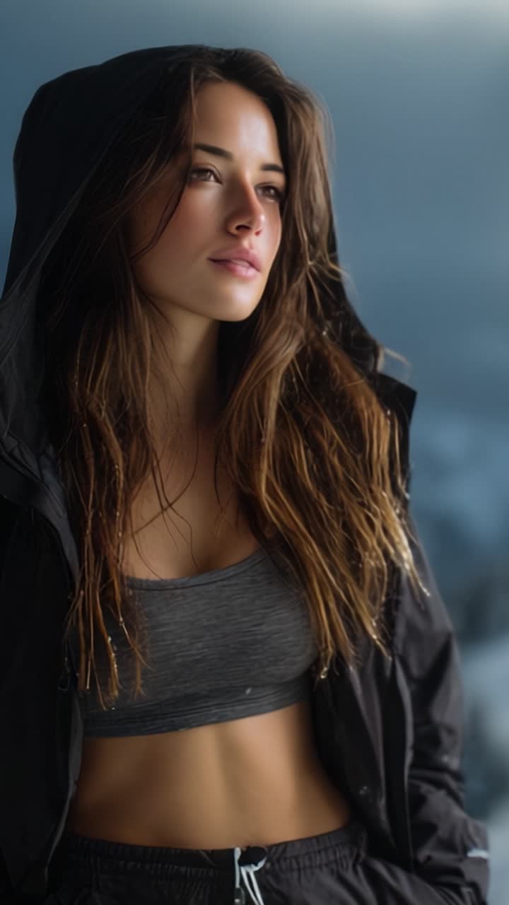 Ritratto accattivante di una giovane donna con una giacca sportiva elegante e capelli naturali mossi dal vento, che enfatizza l'avventura all'aria aperta e uno stile di vita attivo.