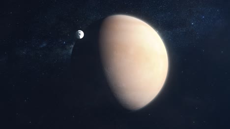 spaceship flying past the camera and approaching the planet venus