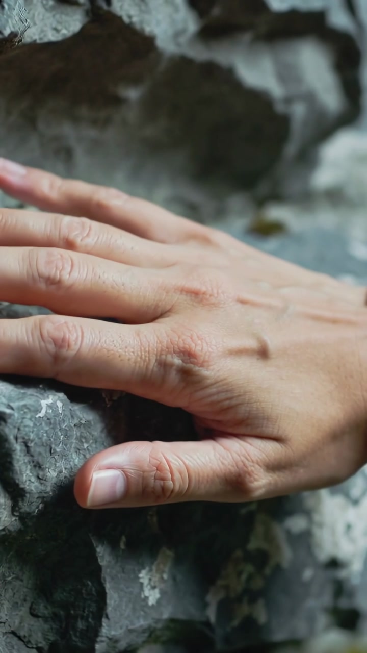 Vertical video: Placing adult right hand sliding along rock face on cliff, probing seams for holds