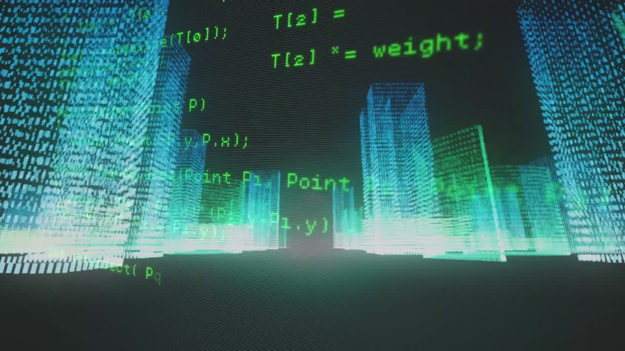 검은색 배경에 원활한 패턴으로 반이는 3d 도시 모델 위에 데이터 처리의 애니메이션