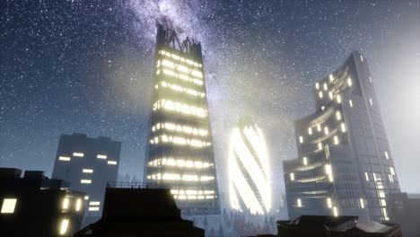 rascacielos de la ciudad por la noche con estrellas de la vía láctea