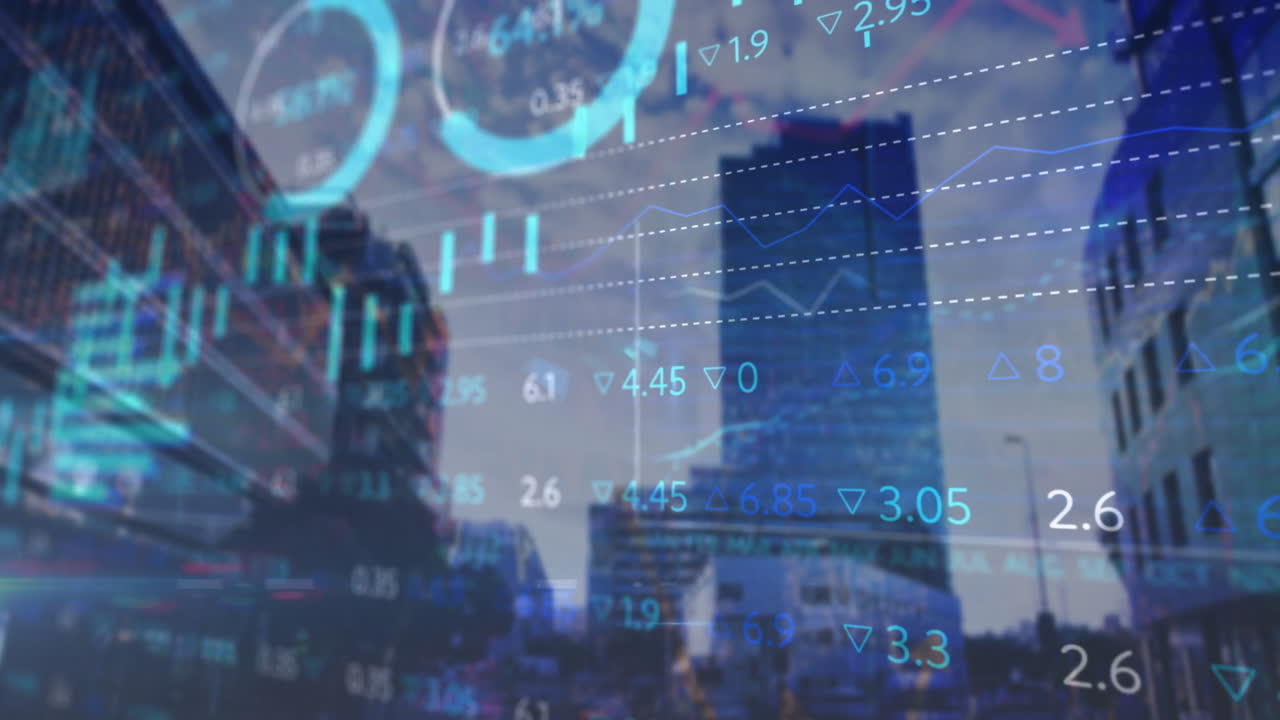 animación del procesamiento de datos financieros sobre el paisaje urbano