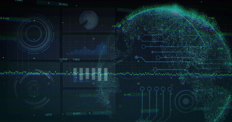 Data pulse starting particle globe growing, trace lines linking left panels, visualizing analytics