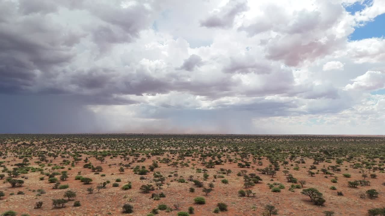 Riprese aeree del Kalahari meridionale, nuvole temporalesche che si addensano in lontananza
