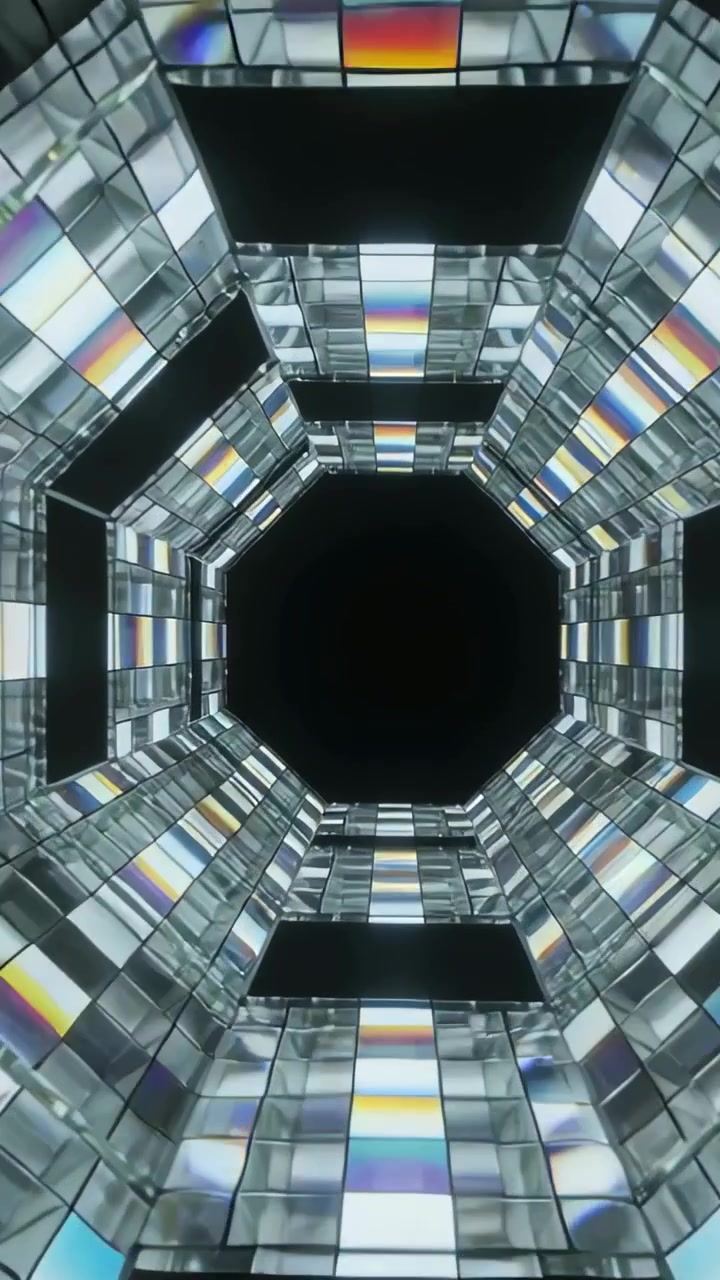 Vertical video: Animating octagon mirror tunnel in gallery, motion drawing eye toward black void