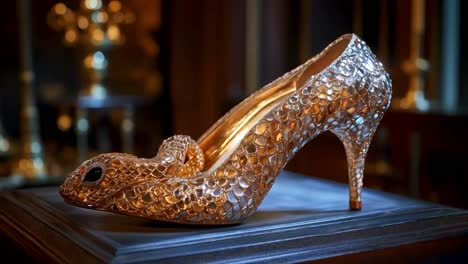 close-up of a golden snake-inspired high-heeled shoe