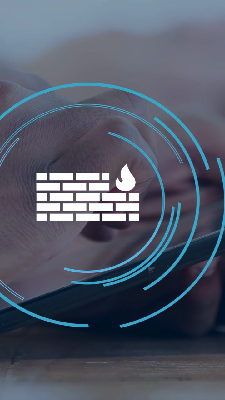Vertical video: Right hand tapping phone HUD rings pulsing around firewall icon monitoring security