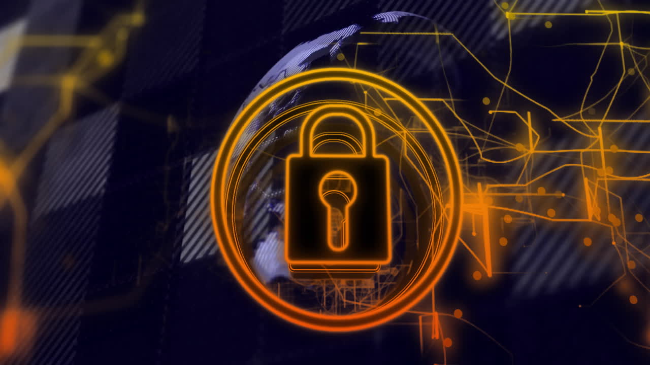 animación del icono de seguridad de bloqueo y llave sobre el fondo de la red digital