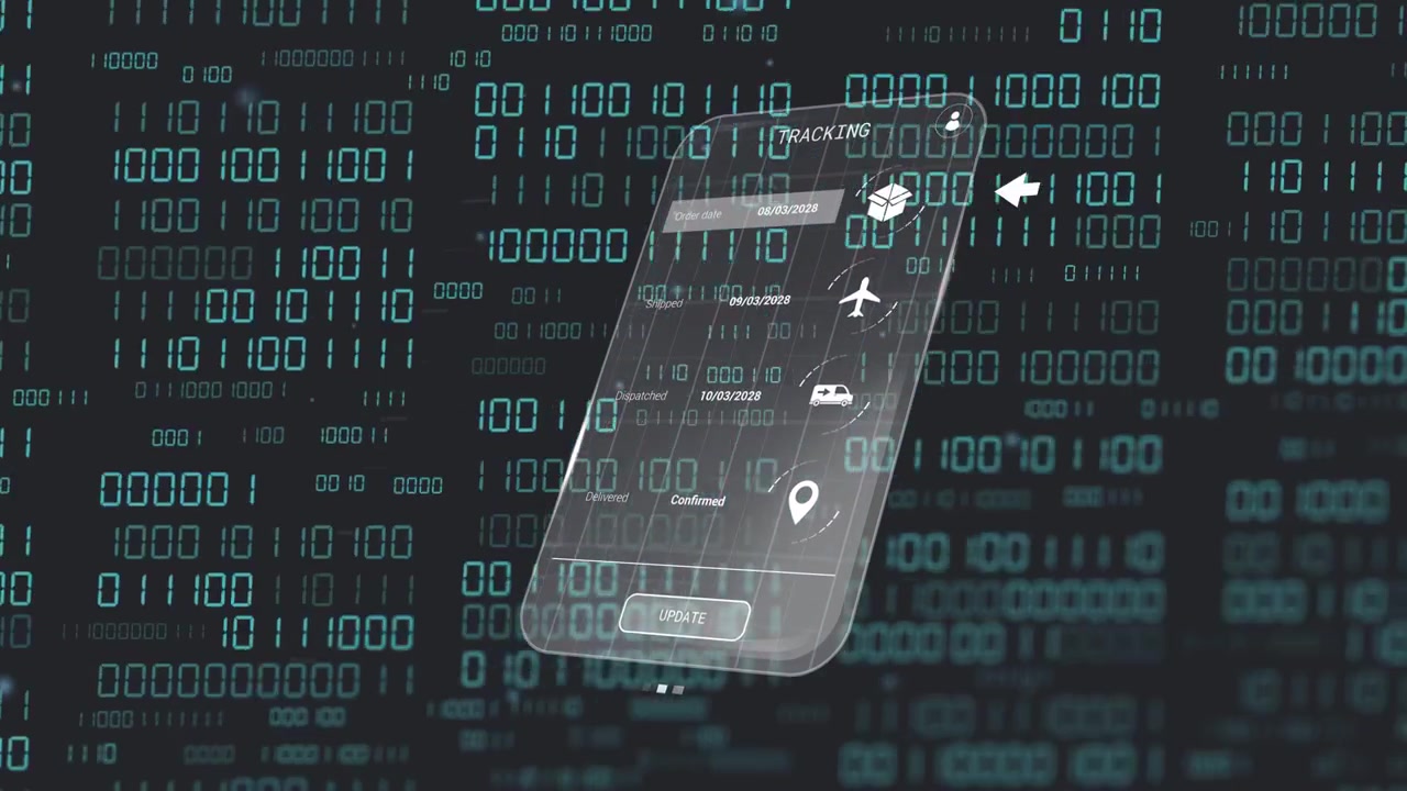 Upon arrow appearing smartphone rotating and tilting, showing tracking UI updating delivery status