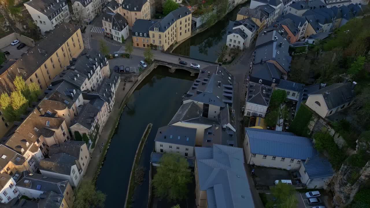 Drone shot of Pont du Grund in Luxembourg city early in the morning