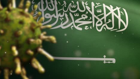 ilustración en 3d del coronavirus sobre la bandera del reino de arabia saudita.