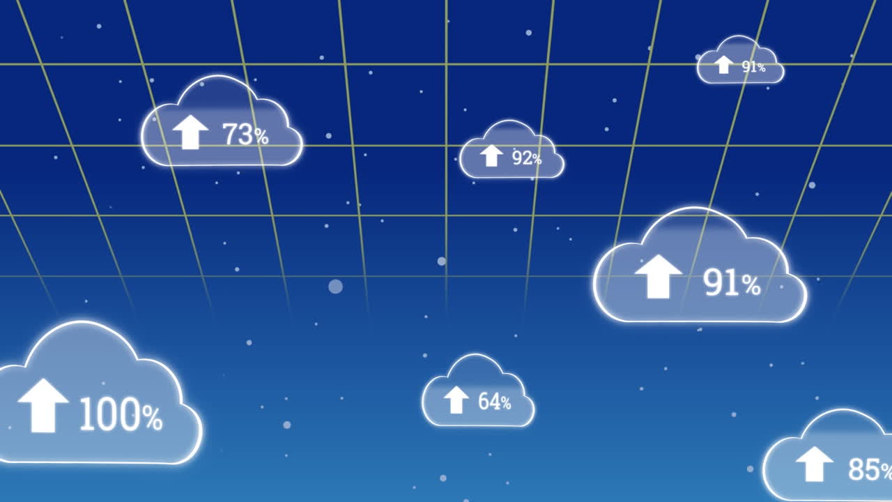 animación de flecha hacia arriba y números cambiantes con percentil en nubes sobre fondo azul