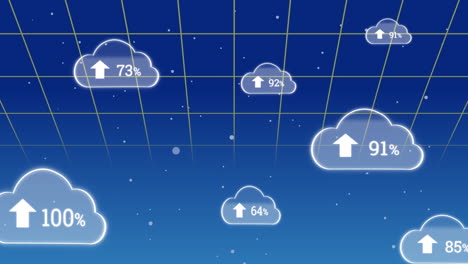 animation of up arrow and changing numbers with percentile in clouds over blue background