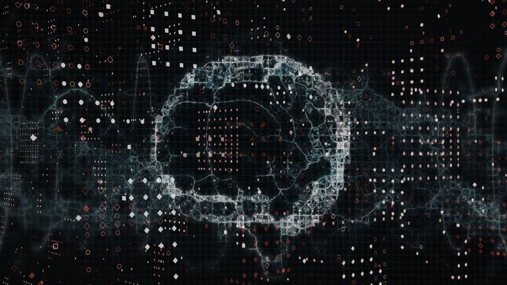 Animation of human brain and data processing on black background