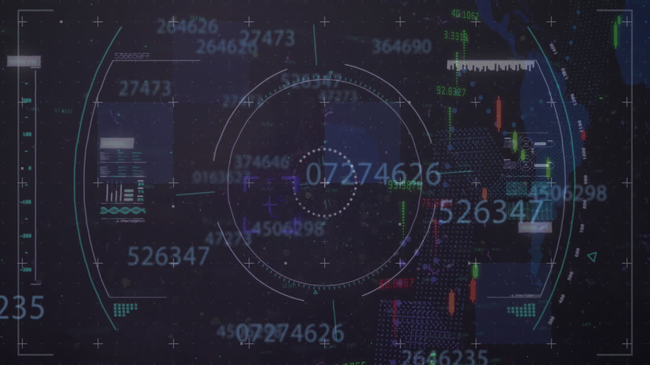 Animation of financial data processing with world map on digital interface