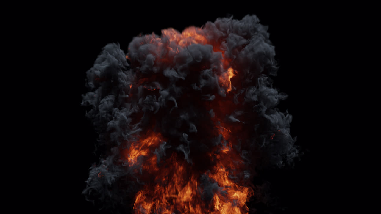 Powerful Fire Explosion with Dense Smoke Against Black Background