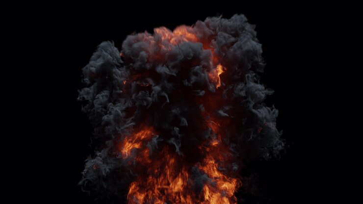 Powerful Fire Explosion with Dense Smoke Against Black Background