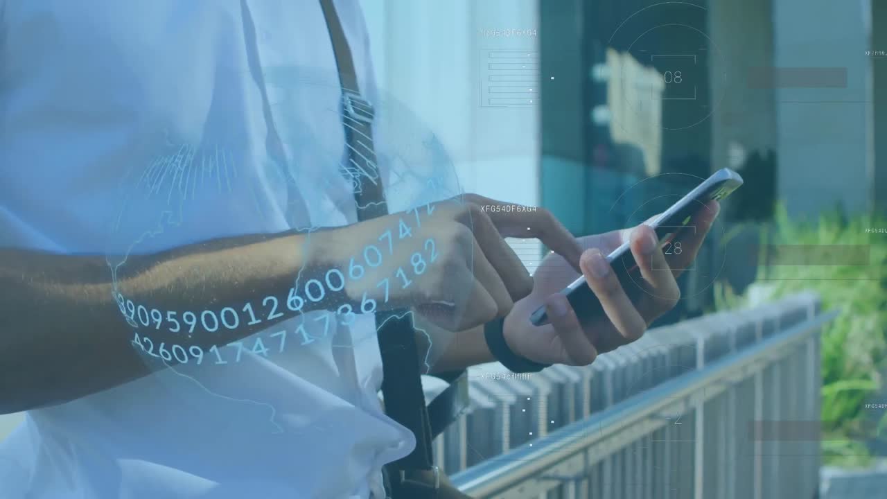 Animation of data processing over caucasian businessman using smartphone