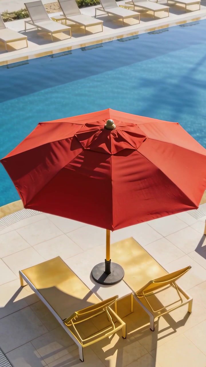 Video verticale: Che mostra un grande ombrellone rosso sopra due sedie gialle sul bordo piscina mentre il sole si muove.