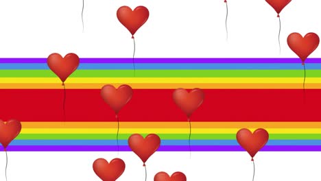 animación de globos de corazón sobre las manos haciendo corazón de arco iris en fondo de arco iris