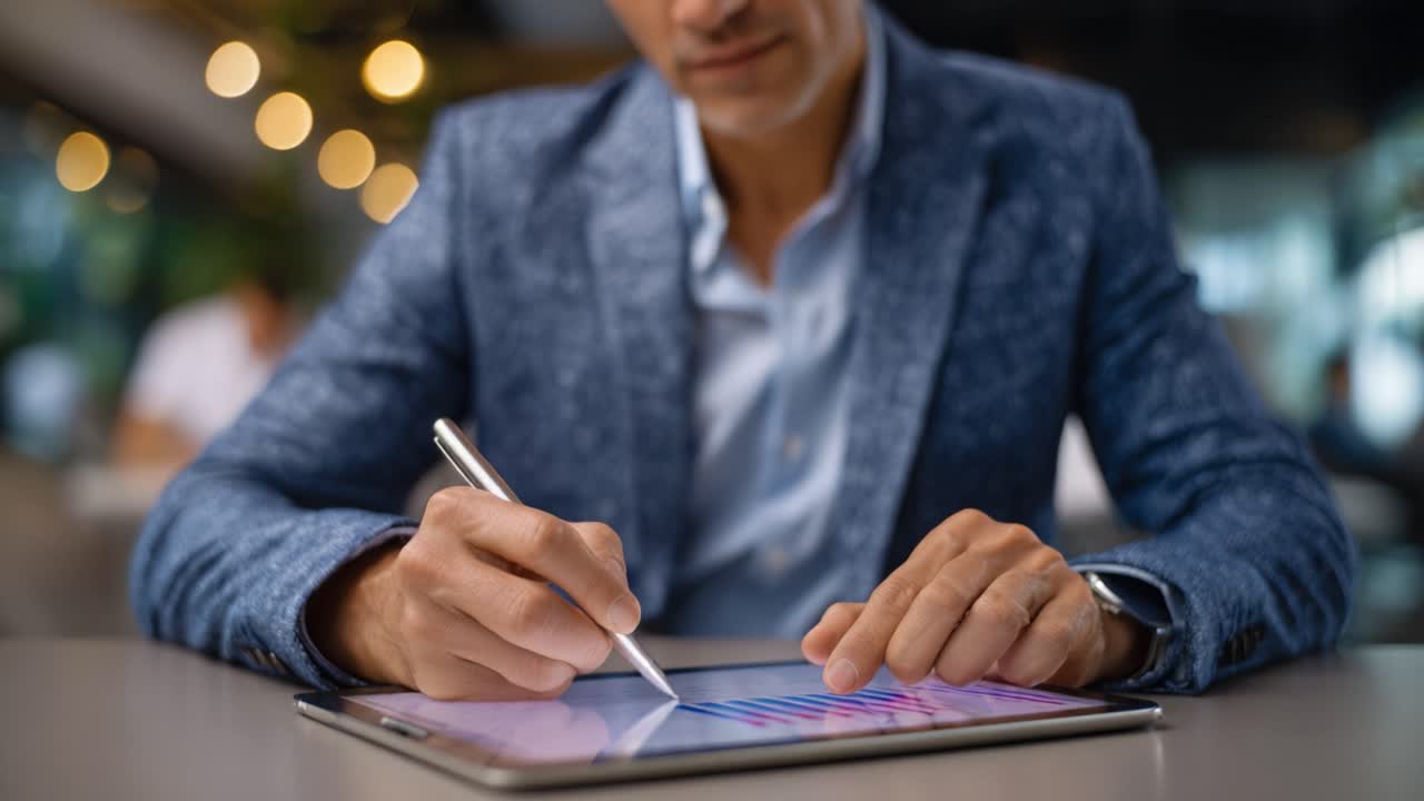 Man Using Digital Tablet with Stylus to Create Graphical Designs in a Modern Workspace, Focusing on Technology, Creativity, and Professional Development