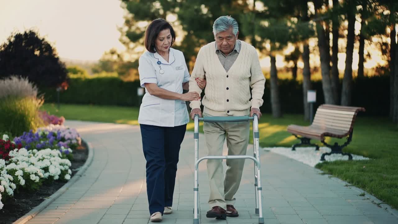 En omsorgsperson med hvidt ID-badge guider en ældre, der tager skridt med en rollator på en sti, for at stabilisere ham.