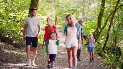 slow motion shot of multi generation family walking towards camera along woodland path together