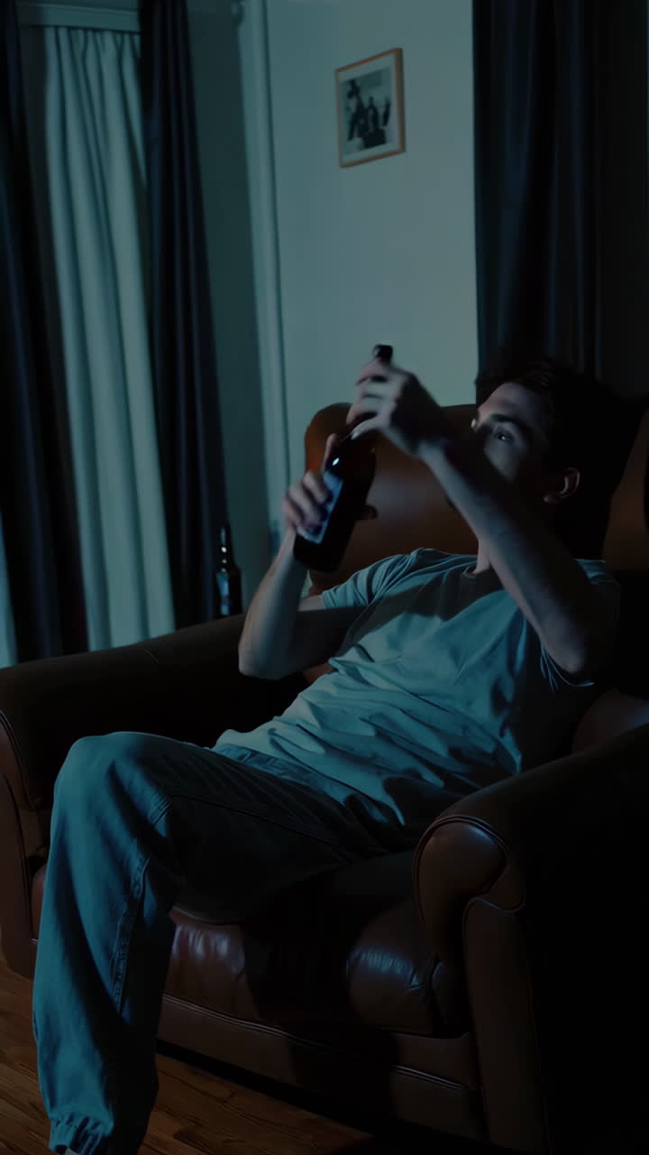 Man Drinking Beer and Watching TV at Home at Night