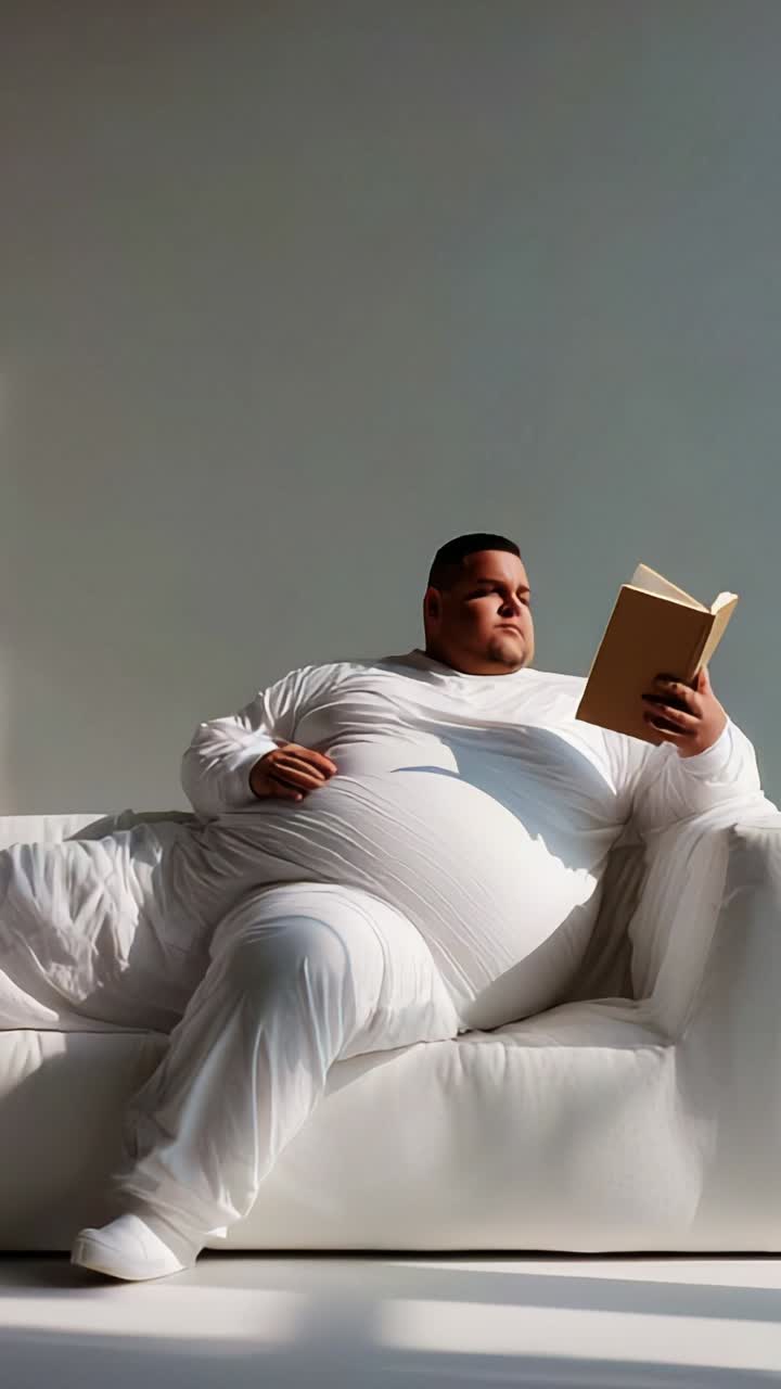 A Thoughtful Moment: A Person in a Cozy White Outfit, Relaxing on a Couch While Reading a Book in Natural Light, Engrossed in Their Own World of Imagination