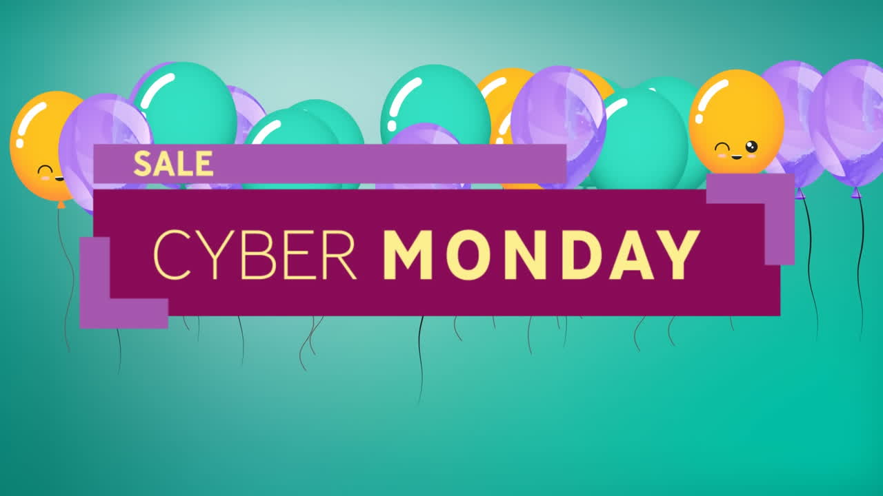 animación de venta, texto de lunes cibernético con globos en fondo azul