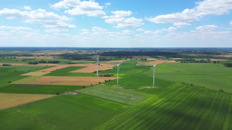 aerial view of powerful wind turbine farm for energy production on beautiful cloudy sky at highland