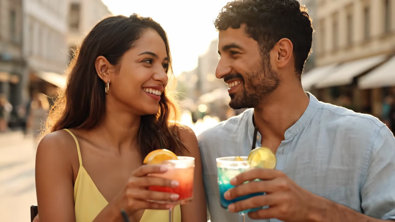 Coppia felice che brinda con cocktail all'aperto