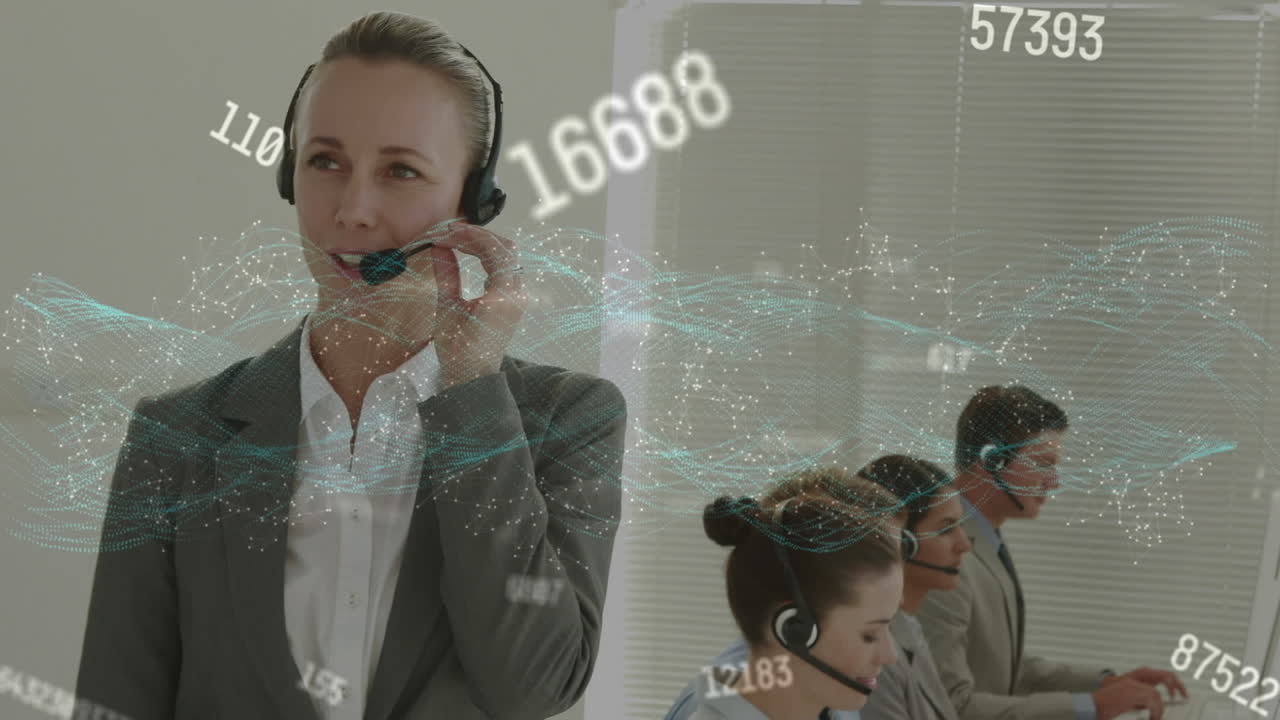 Animation of networks of connections over business people wearing phone headsets