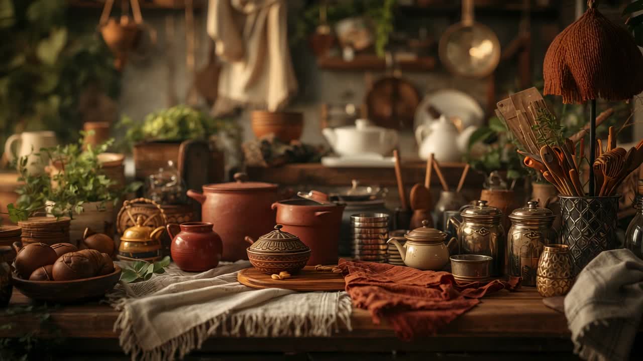 Langsomt panorerende kamera, der viser et grupperet køkkenstilleben på træbordplade med terracotta-potter