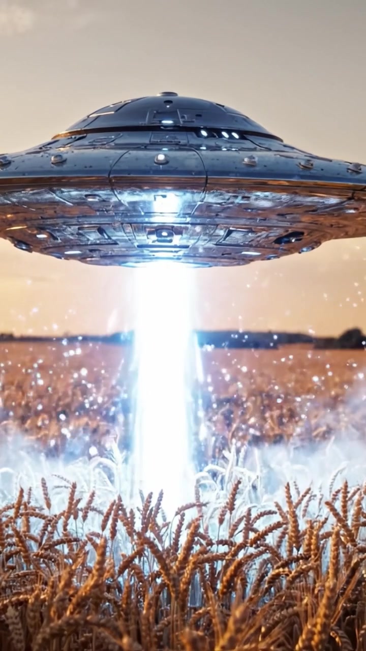Un misterioso UFO sospeso su un campo di grano dorato, che emette un fascio di luce, catturando l'affascinante scena di esplorazione extraterrestre al tramonto