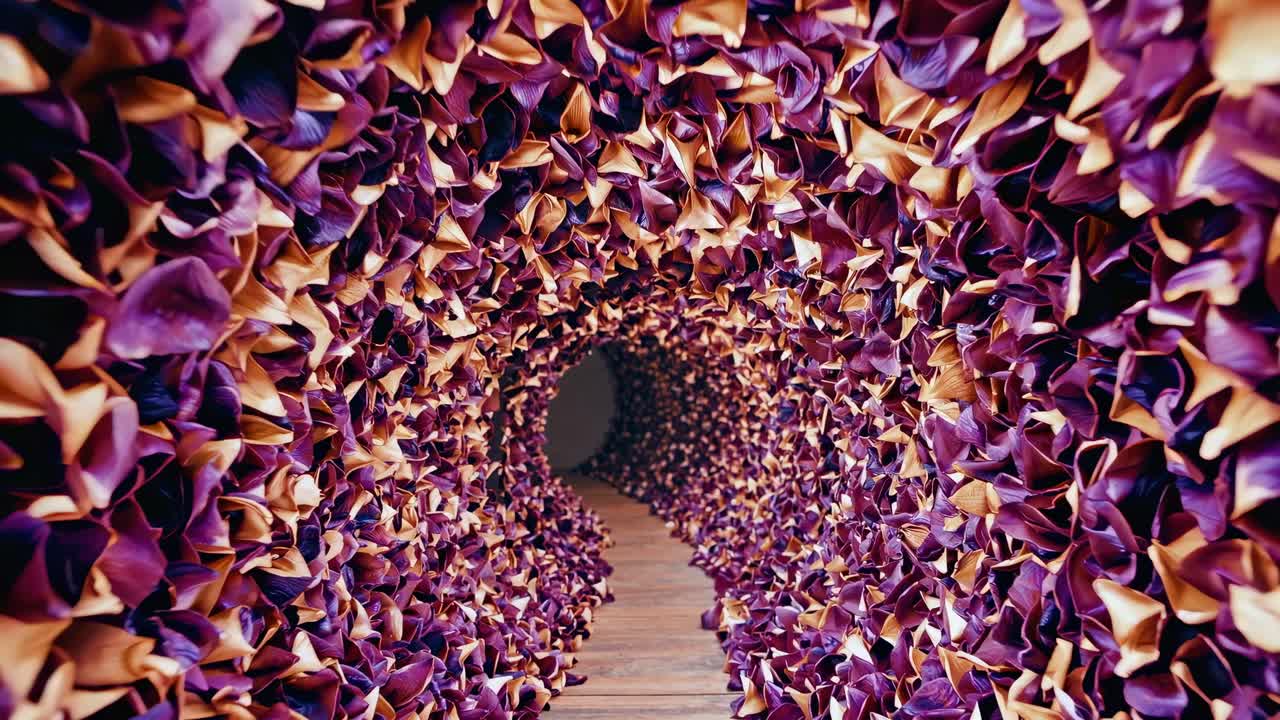 Un vibrante tunnel floreale con petali vorticosi crea un viaggio visivo accattivante, mettendo in mostra l'incantevole bellezza dell'arte della natura in movimento.