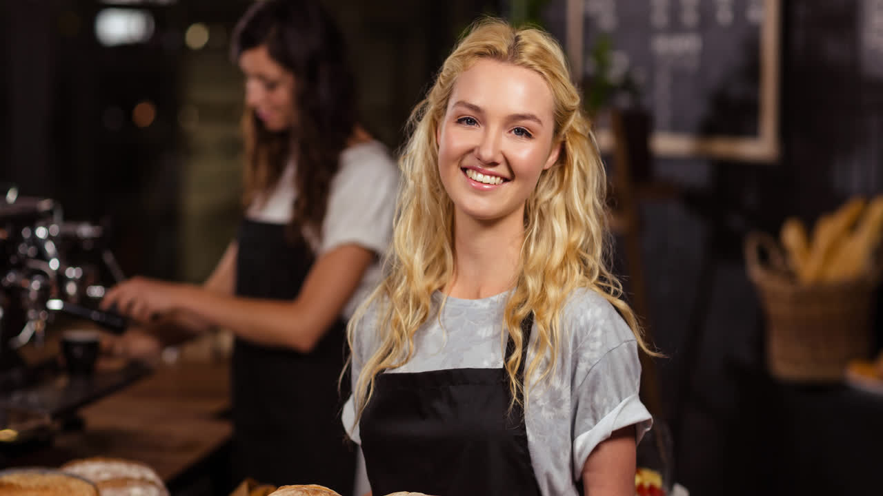 Giovane chef donna caucasica sorridente che prepara cibo in cucina professionale