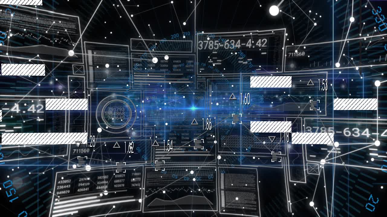 Digital HUD streaming data panels and nodes triggered by glowing beam showing real-time analytics