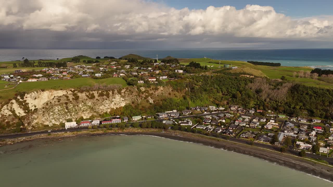 Kaikoura coastline, coastal road, cliffs, New Zealand. Aerial drone panoramic view