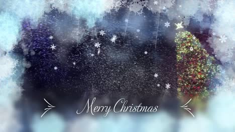 merry christmas_winter seasonal background with animated frost, snowflakes, and video footage of a lit up christmas tree