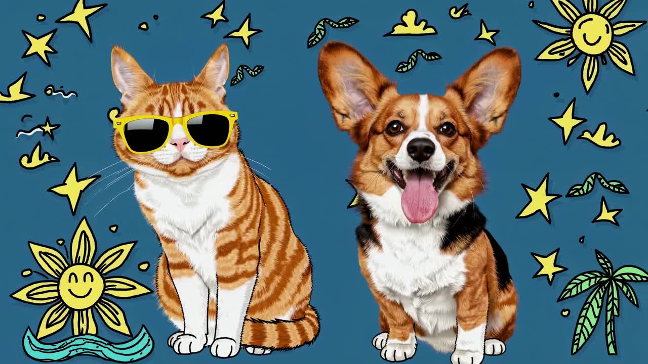 A playful video concept featuring a cat with sunglasses and a happy dog, surrounded by doodle stars