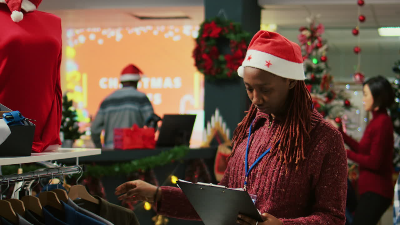 retrato de un empleado sonriente con sombrero de papá noel caminando a través de filas de percheros en navidad adornan la tienda del centro comercial, usando portapapeles para verificar las etiquetas de precios, asegurándose de que la tienda esté lista para los clientes