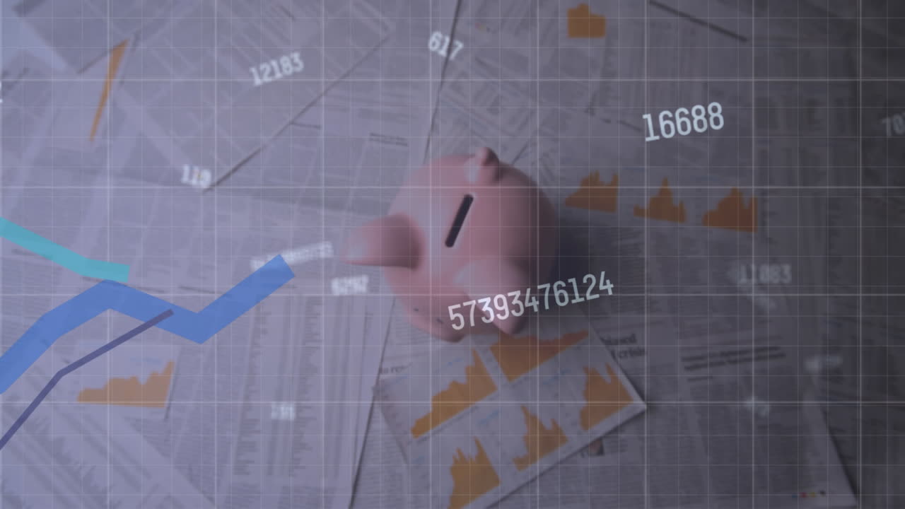 디지털 이미지는 변동하는 재정을 떨어지는 돼지 은행과 연결시니다.