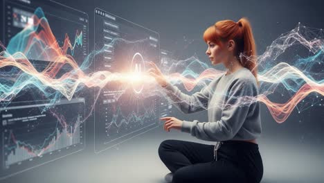 a young woman interacts with advanced data visualizations, manipulating digital graphs and trends in a futuristic setting, showcasing the power of technology and data analysis