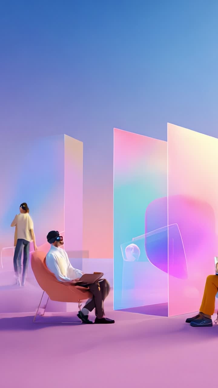 Scena futuristica di realtà virtuale con persone che interagiscono con display digitali in un ambiente minimalista con colori astratti e illuminazione soffusa